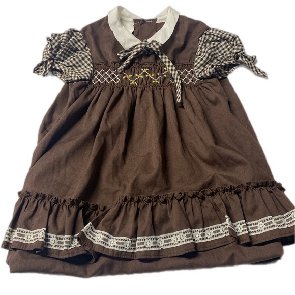 VINTAGE POLLY FLINDERS Hand Smocked Dress Lace Gingham - Picture 1 of 7